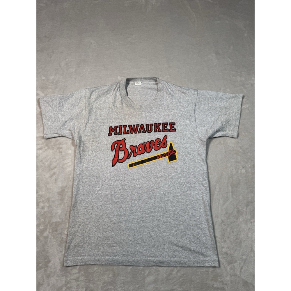 Vintage 80s Screen Stars Milwaukee Brave T Shirt Mens L Gray Single Stitch MLB